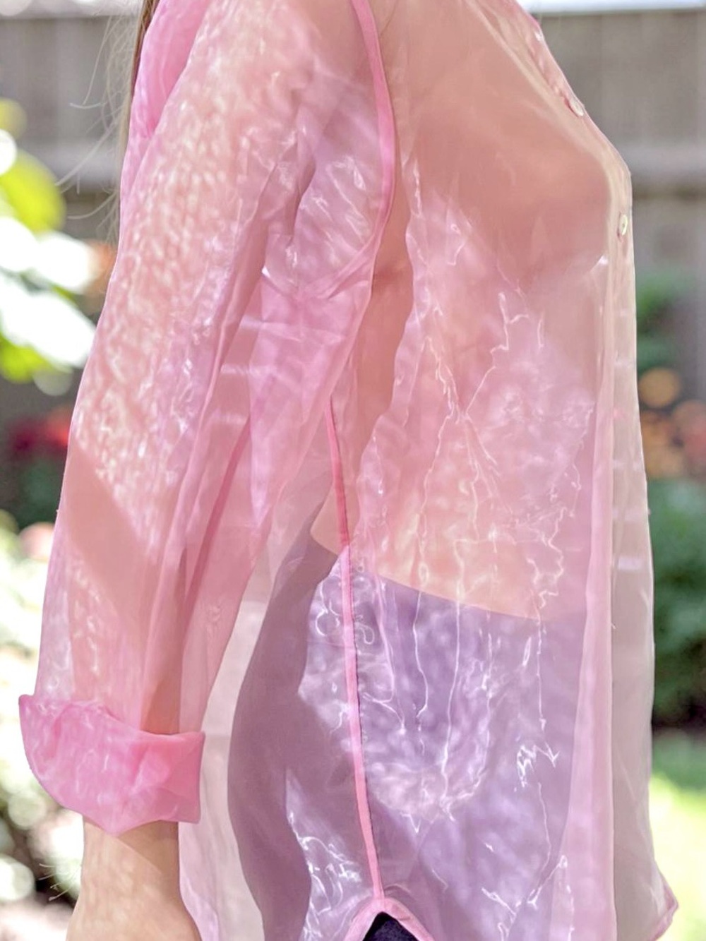 Nicole Miller Pink Sheer Button Down Blouse M Collared Tunic Beach Cover Up - Picture 7 of 7